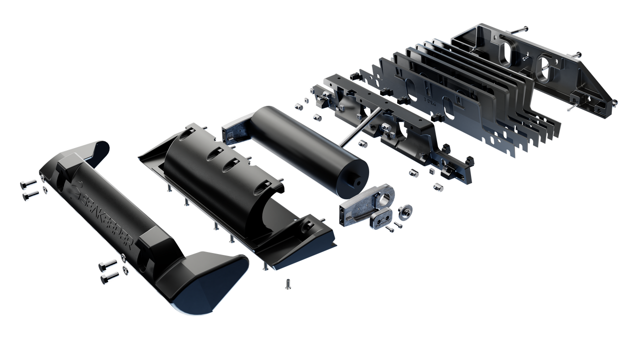 An exploded-view rendering shows the separated panels, brackets, bolts, and internal parts that make up a Seakeeper Ride system.